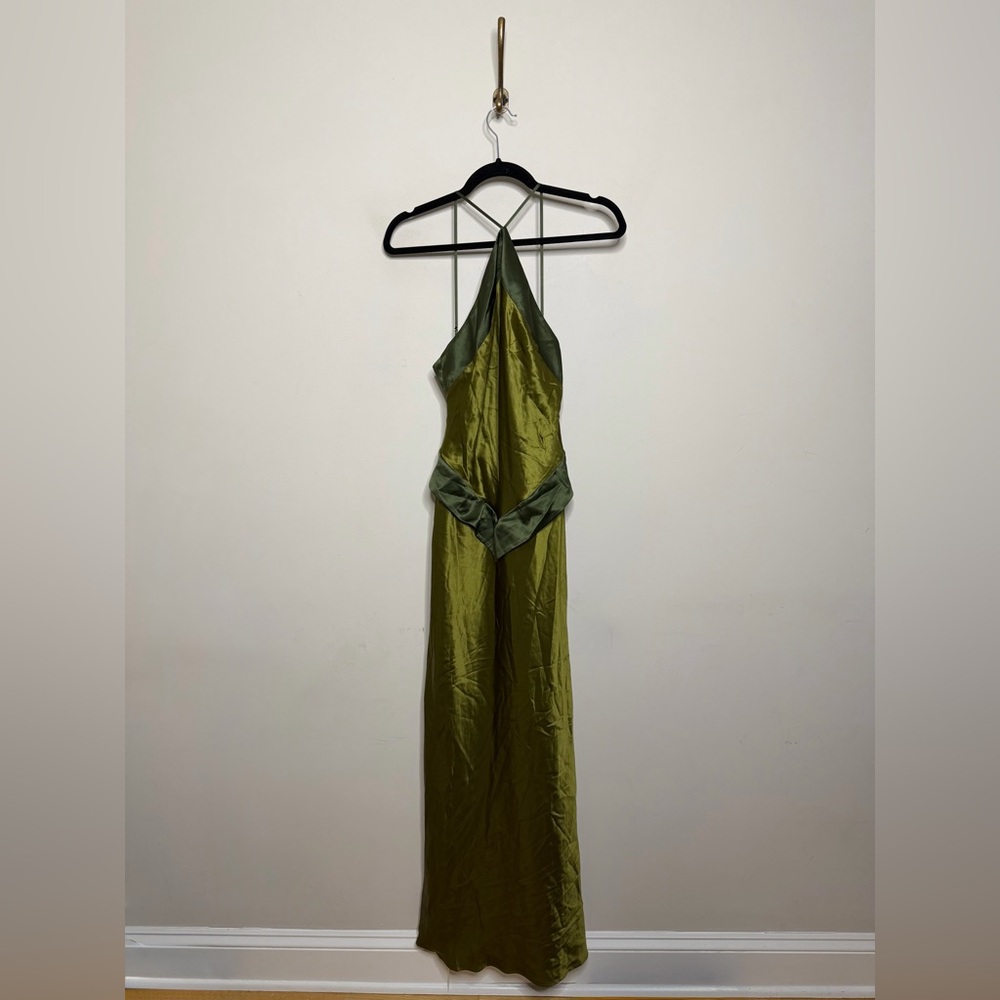 Reformation Jillian Silk Dress in Pear Satin Halter Maxi Evening Gown 6 - Picture 5 of 10